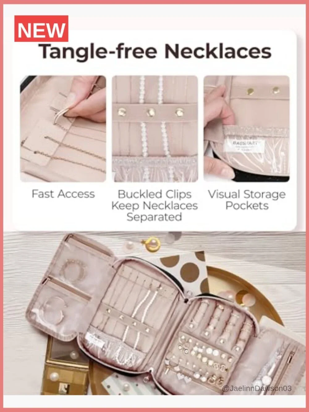 Travel Jewelry Organizer Pouch - 4 Necklace Clips, Earring Roll